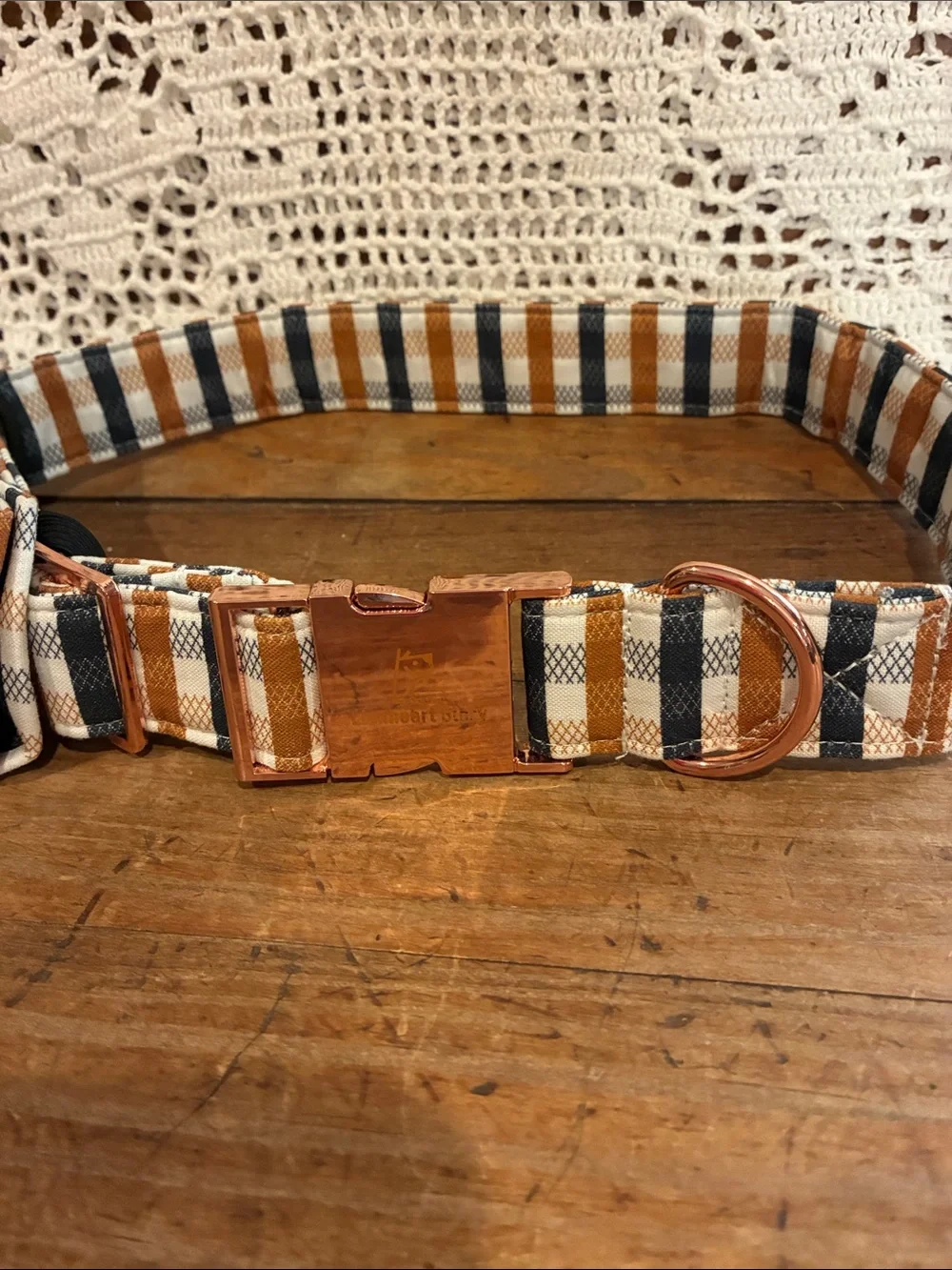 Striped Bow Tie Dog Collar in Tan, Adjustable to 25” New